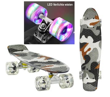 Sajan - Skateboard - LED - Penny board - Camouflage Grijs -, Verzenden, Nieuw, Skateboard