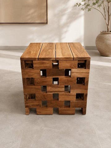 Bijzettafel - Teakhouten bijzettafel / hocker –