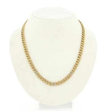 Bicolor gouden gourmetschakel ketting met diamant; 0,03 ct., Gebruikt, Ophalen of Verzenden, Met edelsteen, Goud