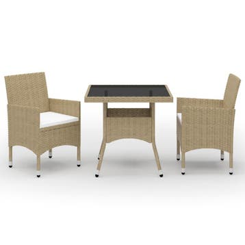 vidaXL 3-delige Tuinset poly rattan en glas beige, Verzenden, Nieuw, 2 zitplaatsen, Tuinset