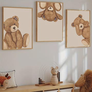 Set van 3 Schattige Bruine Beer Canvas Posters - Abstracte D