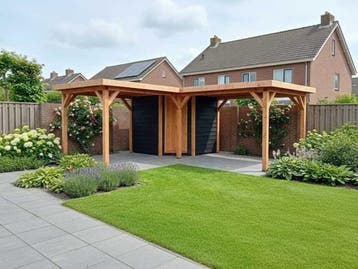 Veiling - Vrijstaande hoekoverkapping met berging 800x800x25, Tuin en Terras, Overkappingen, Nieuw