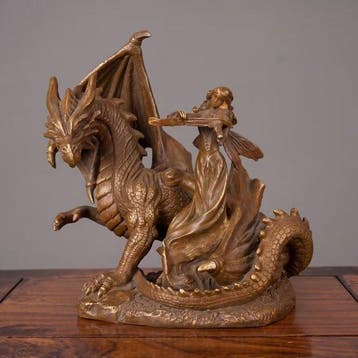 Beeld, Fee met draak - 17 cm - Brons