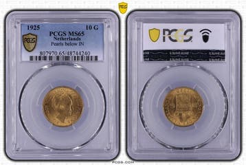 Gouden Wilhelmina 10 gulden 1925 MS65 variant Parel onder IN, Postzegels en Munten, Munten | Nederland, Verzenden, Goud, Koningin Wilhelmina