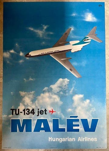 Malev airlines advertising poster TU-134 jet airplane -