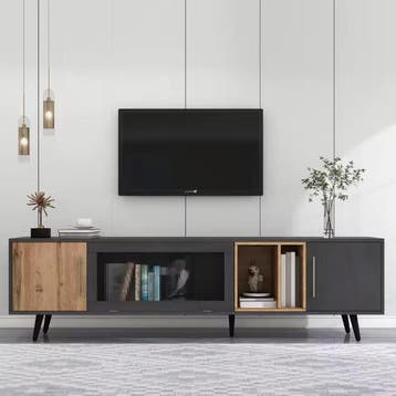 TV-Meubel Donker Hout enGrijs met Deuren en Glazen Klep 200, Huis en Inrichting, Kasten | Televisiemeubels, Verzenden, Nieuw