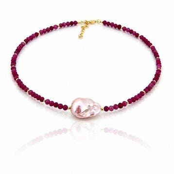 Ketting met robijn en barokparel, 925 zilver - Halsketting