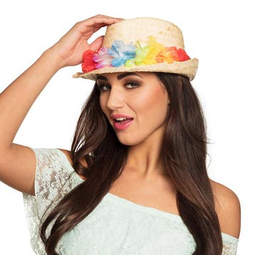 Stro verkleed hoedje met Hawaii party krans - Hawaii/ zome.., Ophalen of Verzenden, Nieuw