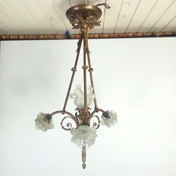 Plafondlamp - Verguld brons, gematteerd glas (verre dépoli), Antiek en Kunst