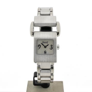 Piaget Miss Protocole 5221; 18k. witgouden dames horloge..., Sieraden, Tassen en Uiterlijk, Overige merken, Leer, Polshorloge