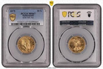 Gouden Willem III 10 gulden 1875 MS67 PCGS gecertificeerd, Postzegels en Munten, Koning Willem III, Verzenden, Goud, Losse munt