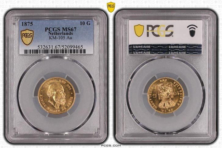 Gouden Willem III 10 gulden 1875 MS67 PCGS gecertificeerd, Postzegels en Munten, Munten | Nederland, Losse munt, 10 gulden, Koning Willem III