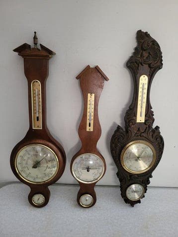 Aneroid barometer (3) - Hout koper glas - analoge barometers