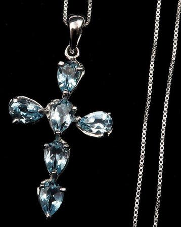 Topaas - Zilver, Halsketting met Hoogmagisch Kruis in Blauwe