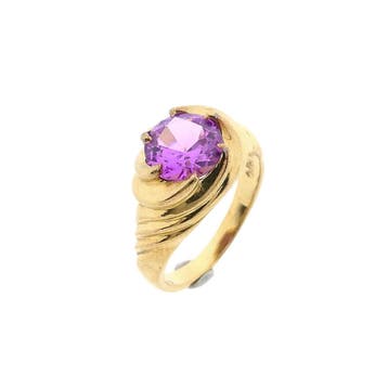 Vintage gouden ring met een synthetische paarse edelsteen, Sieraden, Tassen en Uiterlijk, Ringen, Gebruikt, Overige kleuren, Ophalen of Verzenden
