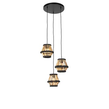 Oosterse hanglamp bamboe met zwart rond 3-lichts - Evalin, Verzenden, Nieuw, Oosters