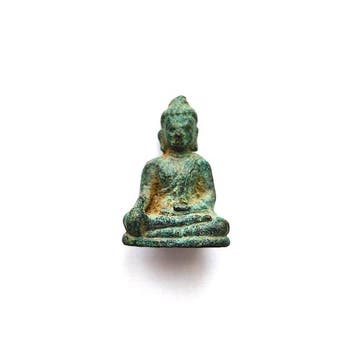 Oud-Indochinese Brons XS Zittende Boeddha op Troon Kralen, Antiek en Kunst