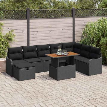 vidaXL Tuin Sofa Set 9 st Zwart poly rattan, Verzenden, Nieuw, Rotan, Meer dan 8 zitplaatsen