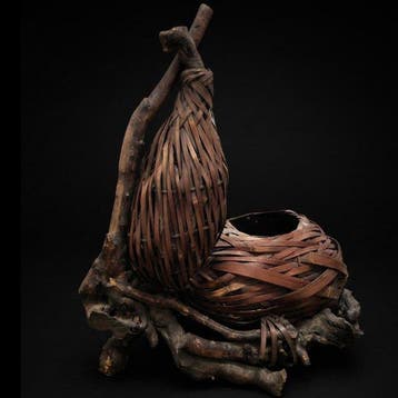Japanse Ikebana-bamboe mand - handgemaakt geweven vaas op