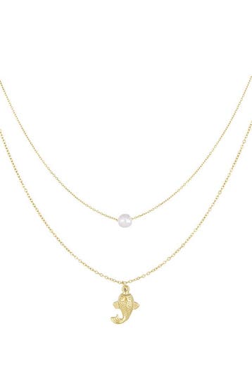 Goudlief Fish and pearl necklace - goud kleur (Kettingen), Verzenden, Nieuw, Zilver, Overige materialen