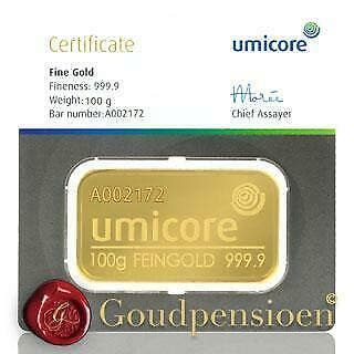 100 Gram Umicore Goudbaar met Certificaat 999,9 Puur Goud, Postzegels en Munten, Edelmetalen en Baren, Ophalen of Verzenden, Goud