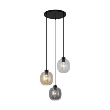 Hanglamp zwart met amber en smoke en helder glas 3-lichts -, Verzenden, Nieuw, Metaal, Art Deco