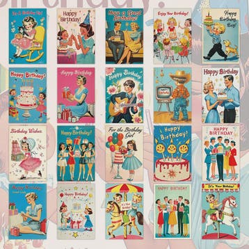 20x Vintage Verjaardagskaarten - Retro Mid-Century Wenskaart, Verzenden, Gelopen