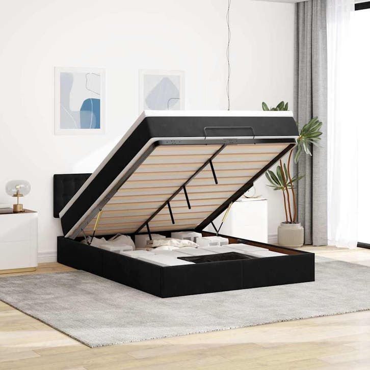 vidaXL Ottoman bed met matras en LEDs 140x200cm fluweel, Huis en Inrichting, Slaapkamer | Bedden, 140 cm, 200 cm, Zwart, Tweepersoons