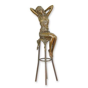 sculptuur, Graceful Bronze Sculpture of Lady on Bar Stool –