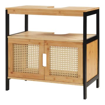 Wastafelonderkast Tervola 60x60x35 cm zwart naturel en rotan, Verzenden, Nieuw