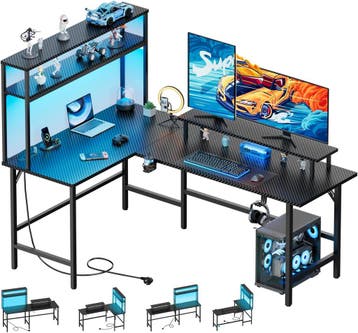 Gaming bureau - Gaming desk - Hoekbureau - 220x50 cm - Zwart, Verzenden, Zo goed als nieuw