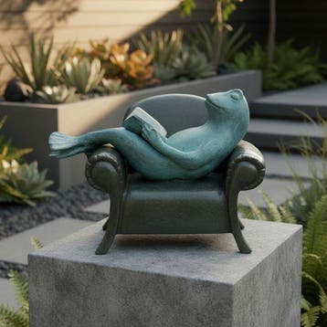 sculptuur, Reading Frog in Chair - 18 cm - 13 cm - Brons