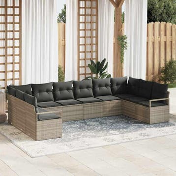 vidaXL Bankstel met kussen 10 pcs Lichtgrijs poly rattan, Verzenden, Nieuw, Rotan, Meer dan 8 zitplaatsen