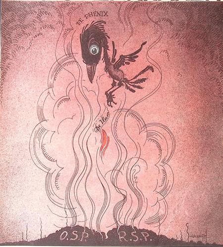 Linkse phoenix komt uit het as op spotprent (lijst optie), Antiek en Kunst, Kunst | Litho's en Zeefdrukken, Verzenden