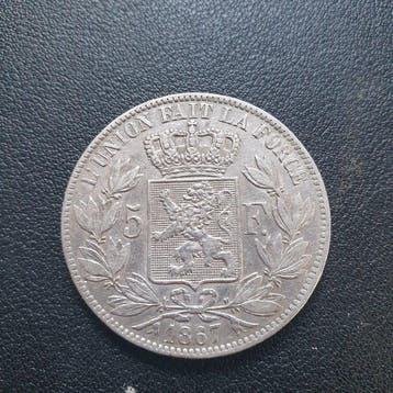 België. Leopold II. 5 Francs 1867 avec point (Zonder