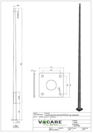4 meter conische stalen lantaarnpaal met voetplaat / mon..., Nieuw