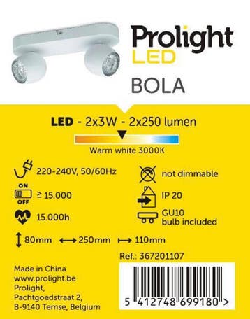 Prolight Bola - Opbouwspot -  LED - GU10 - Wit - 2, Ophalen of Verzenden, Zo goed als nieuw