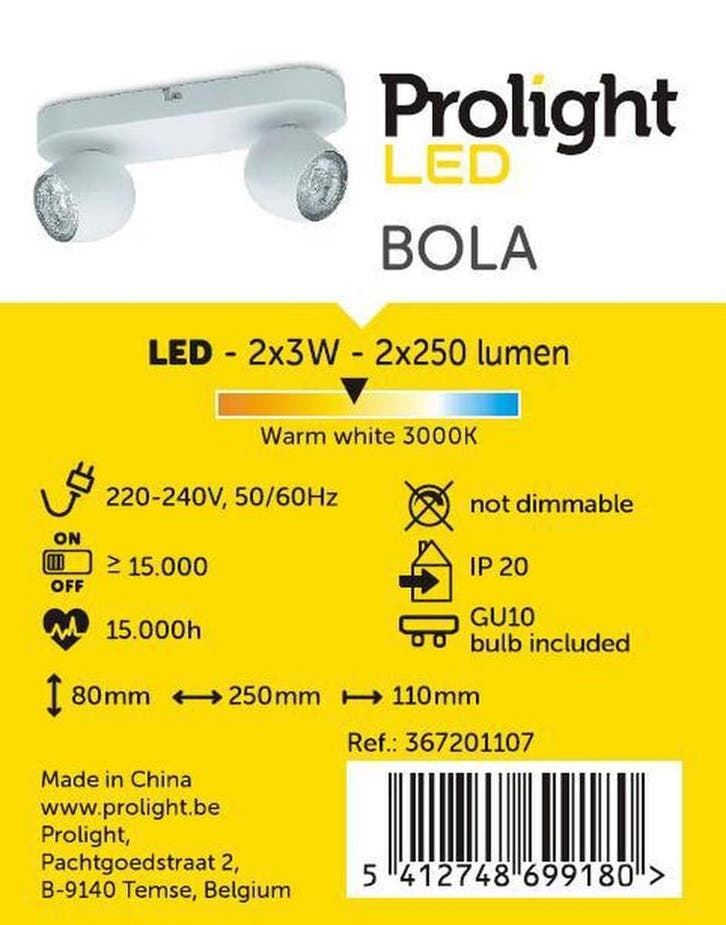Prolight Bola - Opbouwspot -  LED - GU10 - Wit - 2, Huis en Inrichting, Lampen | Spots, Zo goed als nieuw, Ophalen of Verzenden