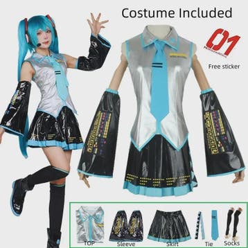 Compleet Miku Cosplay Kostuum: Zilverkleurig Leer & Zeemansj, Verzenden, Nieuw