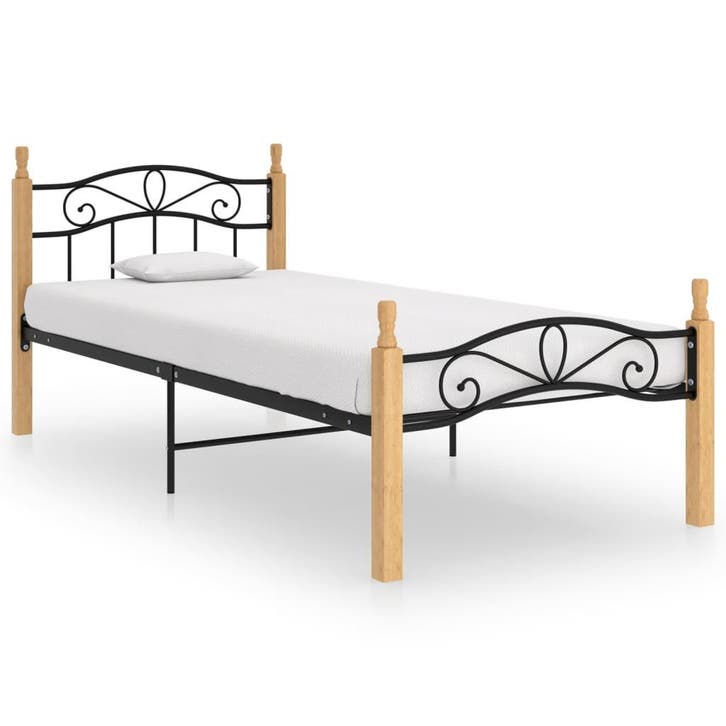 vidaXL Bedframe metaal en massief eikenhout zwart 90x200 cm, Huis en Inrichting, Slaapkamer | Bedden, 90 cm, 200 cm, Zwart, Eenpersoons