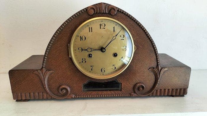 Tafelklok - Art Deco Messing, Glas, eiken- Junghans, Antiek en Kunst, Antiek | Klokken