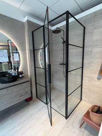 Draaideur met zijwand mat zwart 0009 - 27, Ophalen, Nieuw, Glas, Douche
