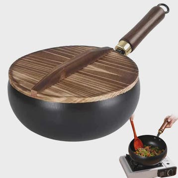 Handgesmeed Gietijzeren Wokpan met Deksel - Non-Stick, Gesch, Verzenden, Nieuw