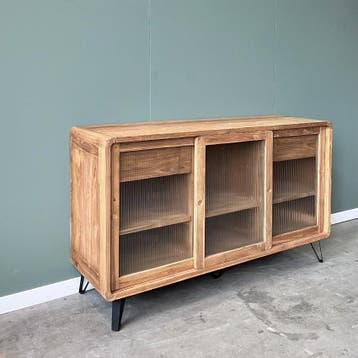 Dressoir | Teakhout | Ribbelglas | 150cm breed | 50cm diep |, 100 tot 150 cm, Glas, Nieuw, Ophalen of Verzenden