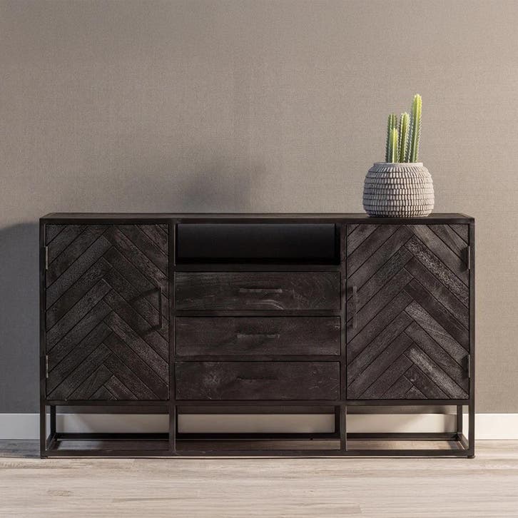 Dressoir Mangohout Kjeld 145 Zwart, Huis en Inrichting, Kasten | Dressoirs, Nieuw, Overige houtsoorten, Verzenden