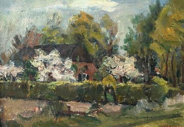 Rob Verbunt (1931-2010) - Boerderij met haag en bloesembomen