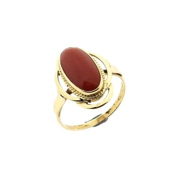 Vintage gouden ring met bloedkoraal, Gebruikt, Overige kleuren, Ophalen of Verzenden, 17 tot 18