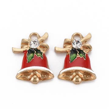 2 x Metalen epoxy bedels kerstklok groen rood met strass..., Ophalen of Verzenden, Nieuw, Kraal