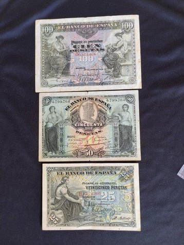 Spanje. - 25, 50, 100 Pesetas - 1906/1907 - Pick 57a, 59a,