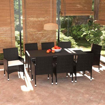 vidaXL 9-delige Tuinset met kussens poly rattan zwart, Verzenden, Nieuw, 8 zitplaatsen, Tuinset